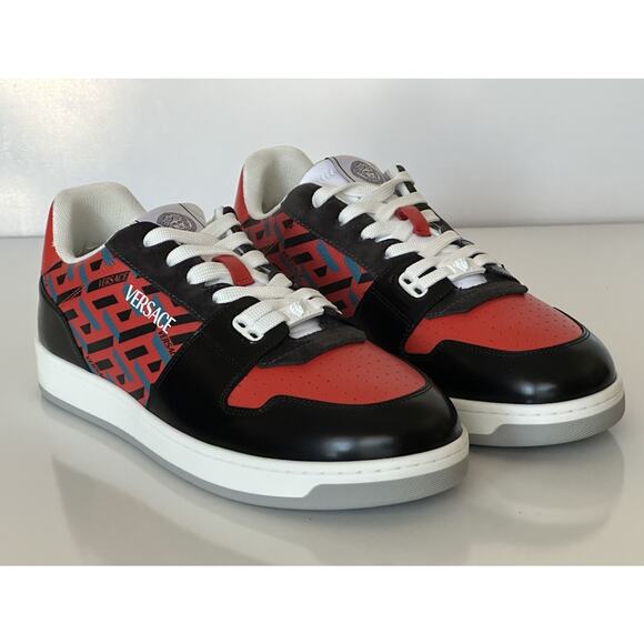 Versace Greca Men’s Leather Black/Orange Red Sneakers 10 US (43) 1013377 IT NIB - Picture 1 of 15